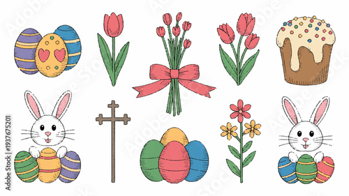 Easter icons set with bunnies eggs flowers and cake on white background colorful and festive