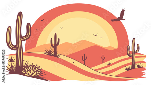 A desert landscape with cacti and a sunset Vector