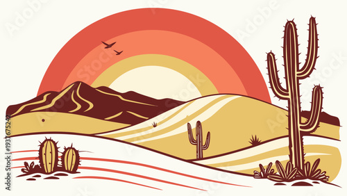 A desert landscape with a sunset in the background Vector
