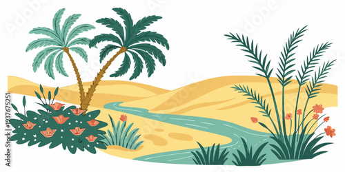A serene desert oasis with palm trees and flowers Vector