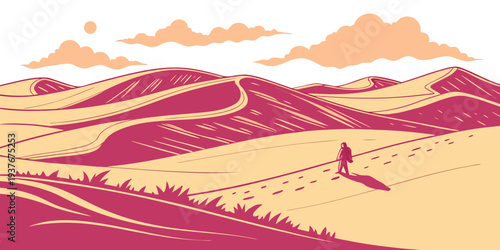 A lone figure stands in a vast desert landscape with mountains Vector