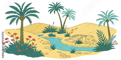 A desert oasis with a small stream and palm trees Vector