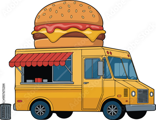 Minimal Vector Illustration of Fast Food Truck with Hamburger on Roof and Street Food Design Isolated on White Background