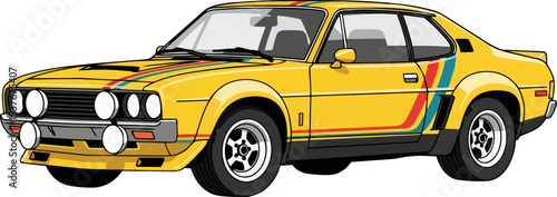 Vintage yellow sports car illustration with distinctive stripes and fog lights, viewed from the front at an angle