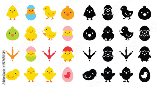 A collection of cute chick and egg illustrations in various colors and styles, including footprints and hatching chicks.