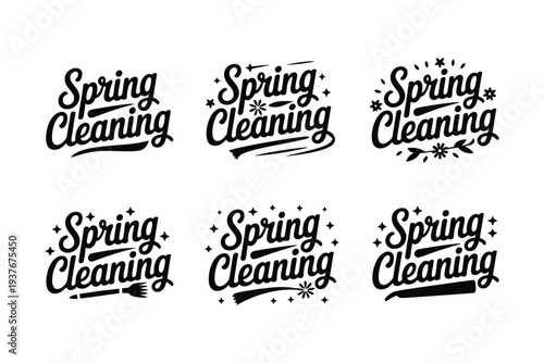 Spring cleaning logo set with various decorative elements and typography styles