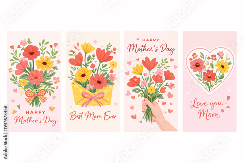 A collection of four vertical Mother's Day cards featuring colorful floral arrangements and heartfelt messages.