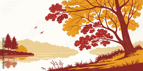 A pixel art landscape with a tree and a body of water Vector