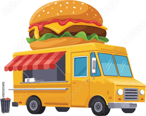 Vector Illustration of Fast Food Truck in Perspective View with Hamburger Sign and Mobile Street Food Concept