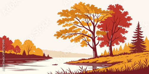 A serene autumn landscape with trees by a lake Vector
