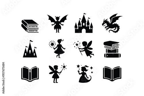 Fairy silhouette icons with magic wands and books in black