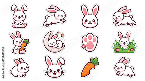 A charming collection of cute cartoon bunny illustrations, featuring various adorable poses and playful elements like carrots and a crescent moon.