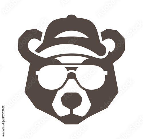Brown bear head wearing sunglasses and a cap on white background