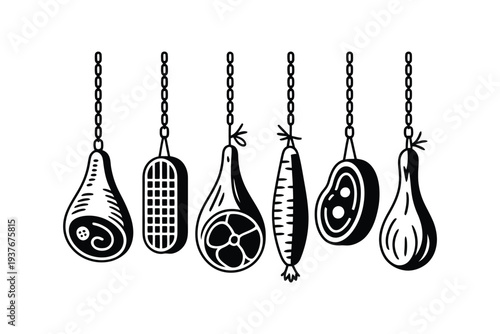 Meat butcher shop hanging icons with chains and hooks illustration