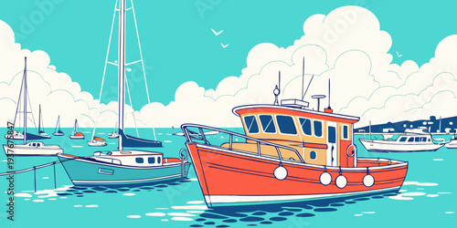 A red boat is floating on the water with other boats Vector