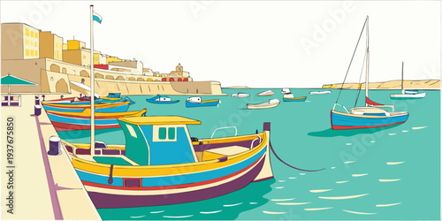 Boats are moored at a picturesque harbor Vector