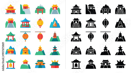 Collection of colorful and silhouette icons representing traditional Chinese architecture, temples, pagodas, and lanterns set against stylized landscapes.