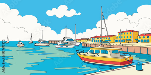 A colorful boat sits on the shore by the water Vector
