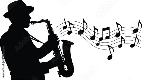 Saxophone player silhouette with musical notes vector illustration, jazz musician performing soulful melody in artistic music concept design