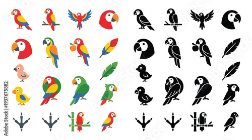 Collection of colorful and silhouette parrot icons, including full body, headshots, chicks, feathers, and footprints.