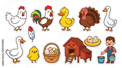 A charming collection of cute cartoon farm animals and elements, including chickens, roosters, ducks, a turkey, geese, chicks, eggs, a feather, a basket, a coop, and a farmer feeding his animals.