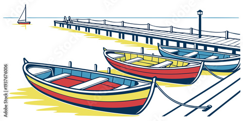Boats are moored at a dock on a sunny day Vector