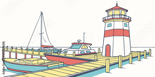 A colorful lighthouse and boat on a dock Vector