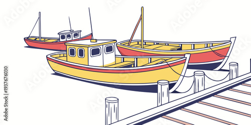 Boats are moored at a dock on a calm day Vector