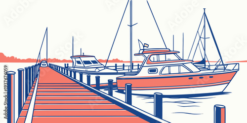 A dock with boats is shown in a graphic style Vector