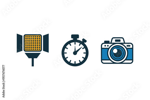 A camera icon with a stopwatch and softbox light illustration
