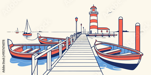 Boats are moored at a dock with a lighthouse Vector