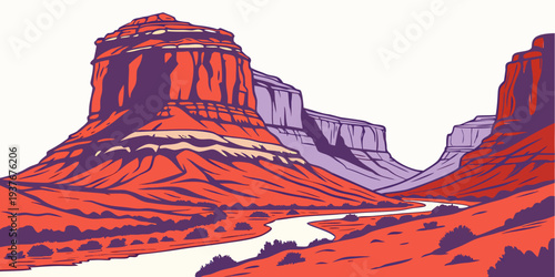 A pixel art image of a desert landscape with red rock formations Vector
