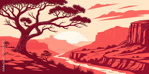 A pixel art landscape with a tree and a road Vector