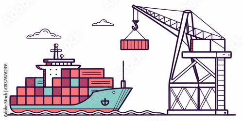 A cargo ship is loading containers at a port Vector