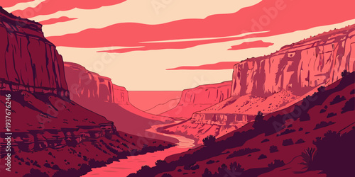 A pixel art landscape of a canyon at sunset Vector
