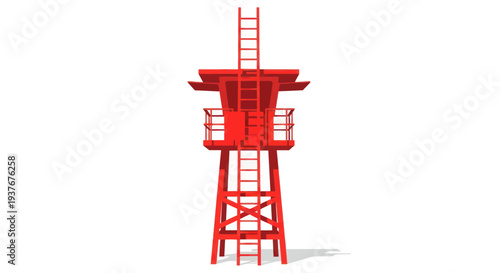 Bright Red Lifeguard Tower on White Background