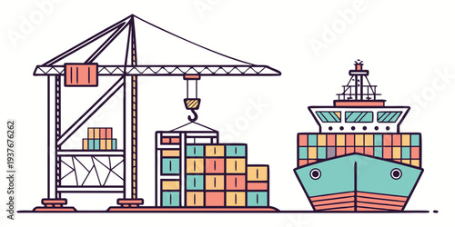 A cargo ship is being loaded with colorful shipping containers Vector