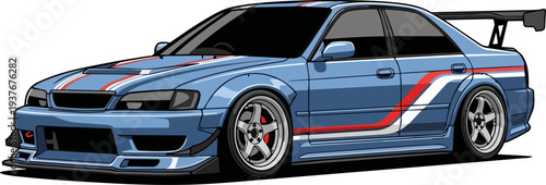 High-performance sports car illustration with vibrant blue and red stripes, sleek design, and aerodynamic features, viewed from the side.