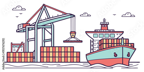 A cargo ship is loading containers at a port Vector