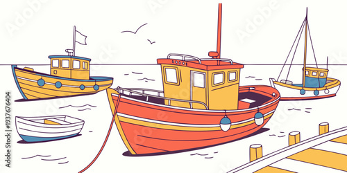 Boats are moored in a harbor on a sunny day Vector