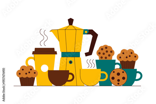 A colorful illustration of coffee cups and muffins with a coffee maker