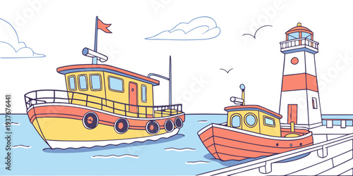 Boats are docked near a lighthouse on a sunny day Vector