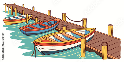 Boats are moored at a wooden dock Vector