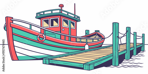 A green and red boat sitting on a dock Vector