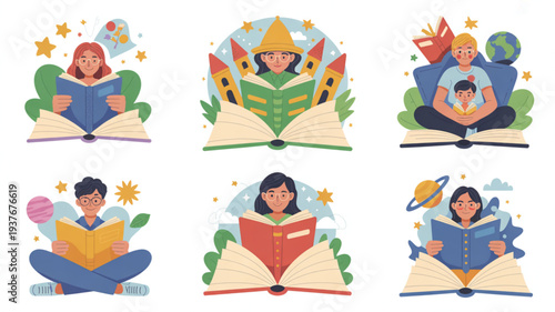 People reading books in various relaxed poses with educational and fantasy elements around them