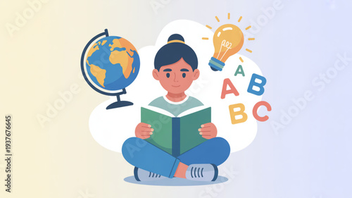 Girl sitting cross legged reading book with globe and lightbulb education concept