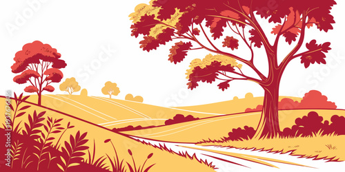 A pixel art landscape with a tree and a dirt road Vector