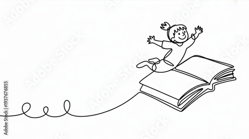 Happy child flying on an open book with a joyful expression and arms outstretched in a simple line drawing style