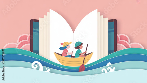 Two people sailing boat on waves in front of giant open book with pink background and blue ocean