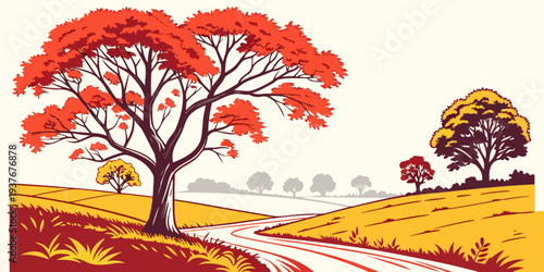 A serene landscape with trees and a winding path Vector